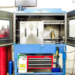 Norman Filters testing area with proof pressure and burst test stand capable up to 60,000 PSI.